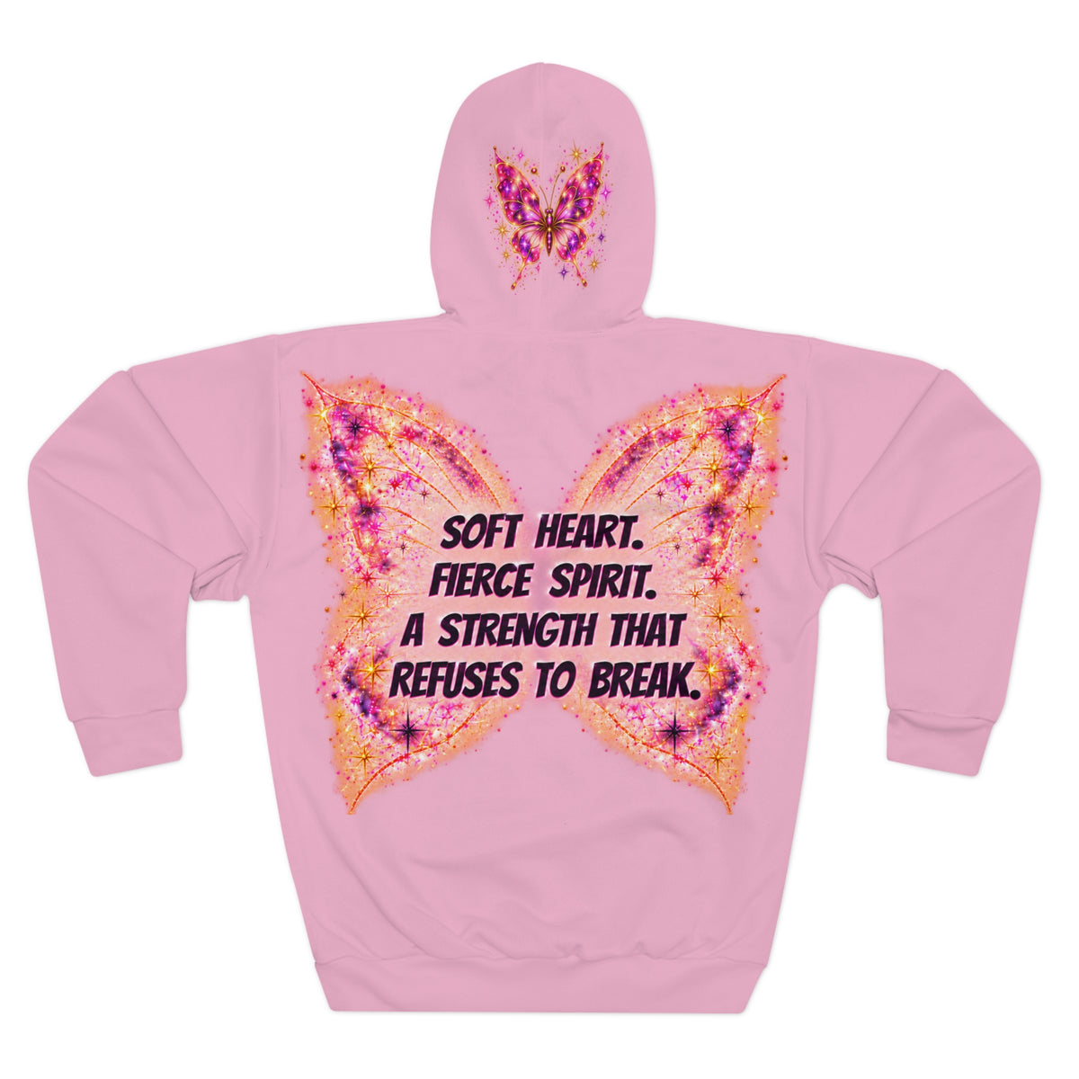 Sassys Butterfly Sparkle | Signature Back AOP Hoodie — Branded Front
