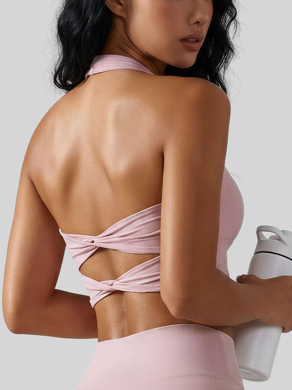 Twisted Back Halter Neck Active Bra · detail view