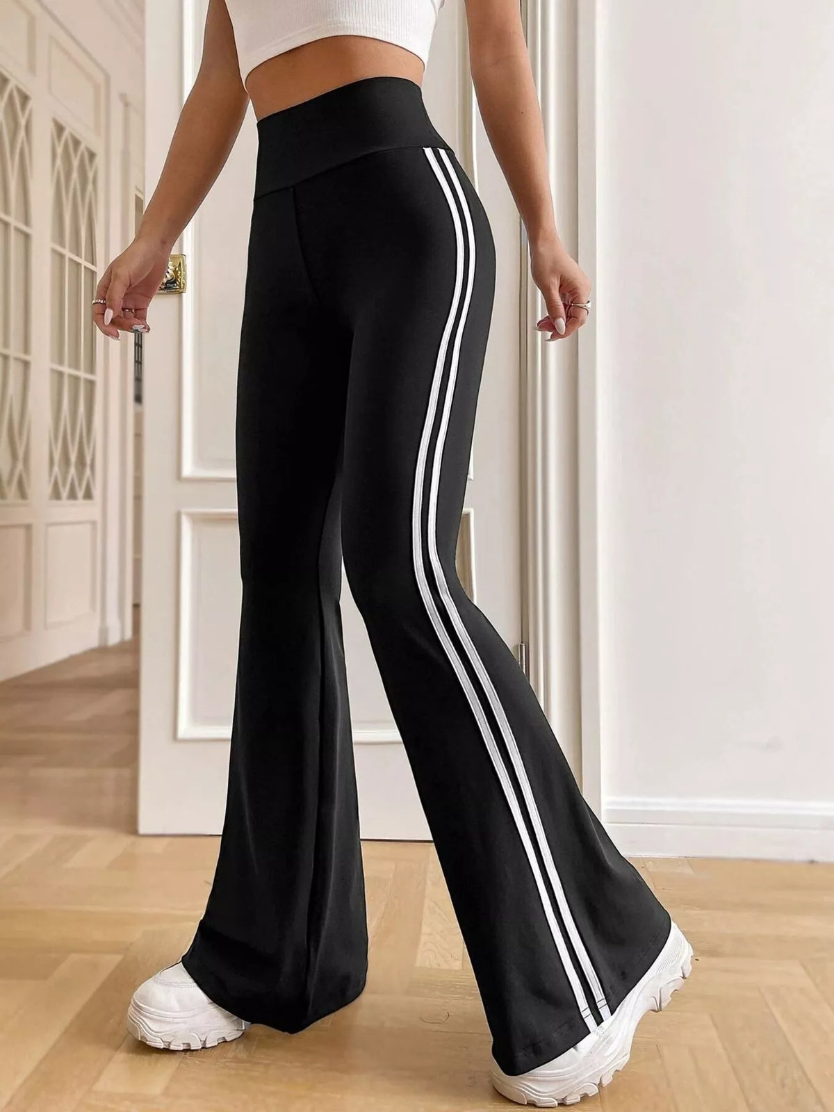 High-Waisted Side-Striped Flare Active Pants · detail view