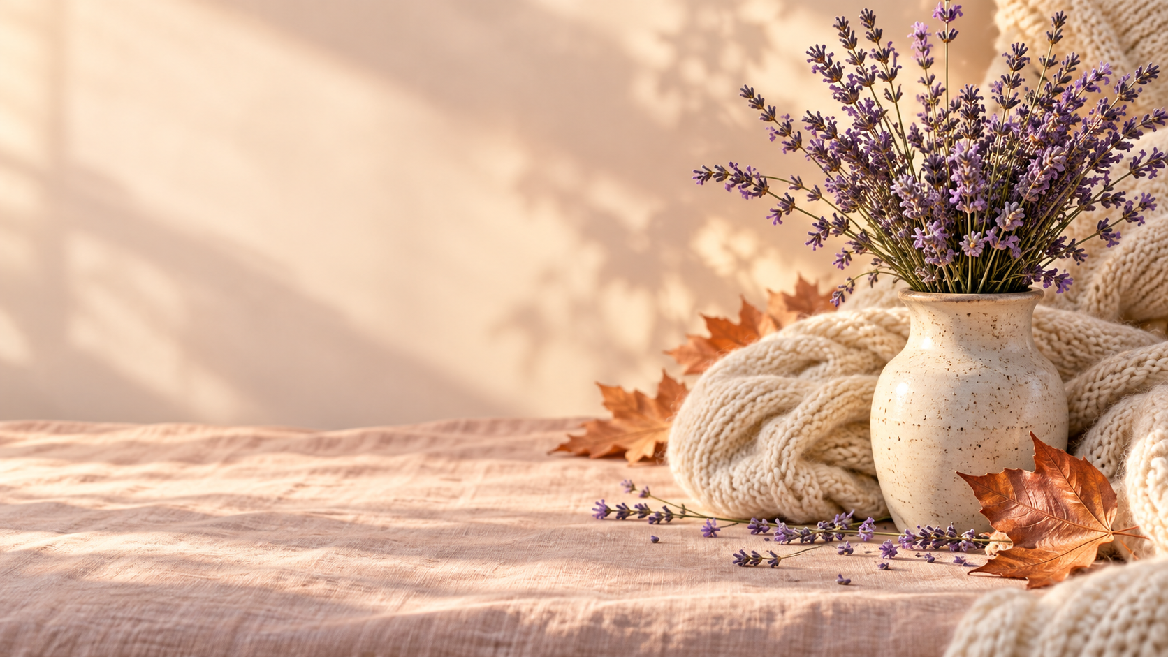 Lavender flowers, soft knit fabric and autumn leaves in warm sunlight
