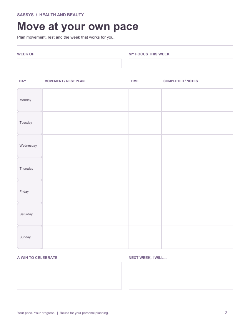 Move at Your Pace · Workout Planner | Printable & Fillable PDF